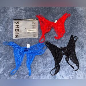 SHEIN Women's Lace Crotchless Panties Set - Red, Blue, Black